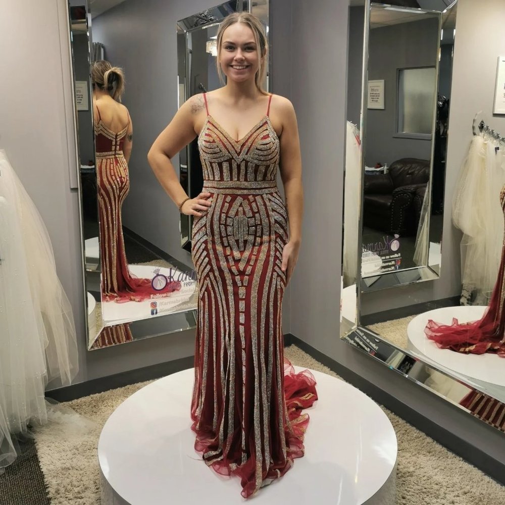 Size 12 burgundy/gold prom dress